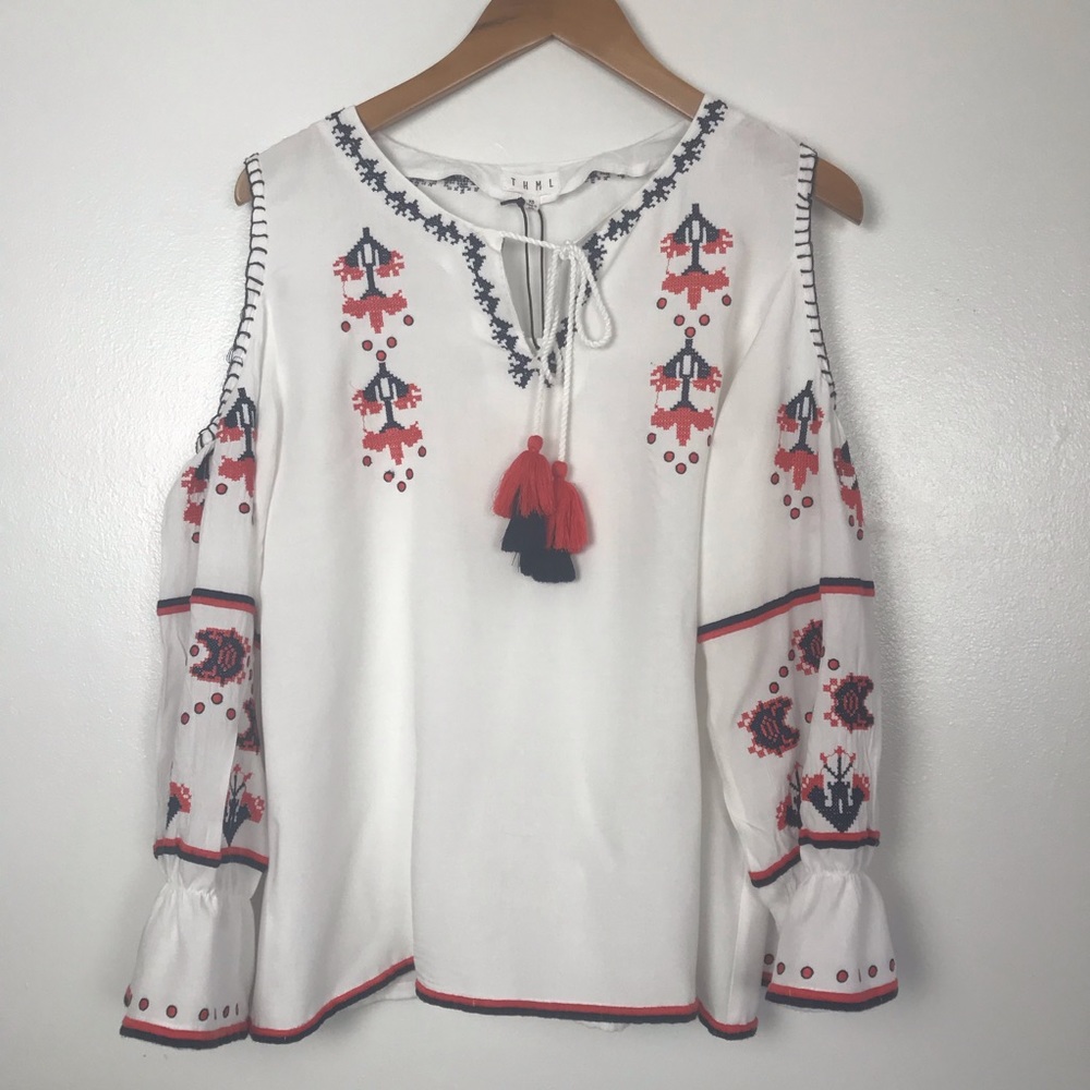THML White Blouse with Red and Blue Embroidery